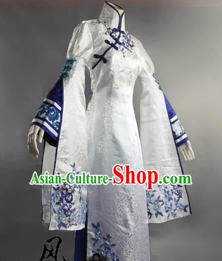 Traditional Ancient Chinese Imperial Consort Costume Blue and White Cheongsam, Elegant Hanfu Clothing Chinese Qing Dynasty Manchu Imperial Empress Cosplay Fairy Tailing Embroidered Cheongsam for Women