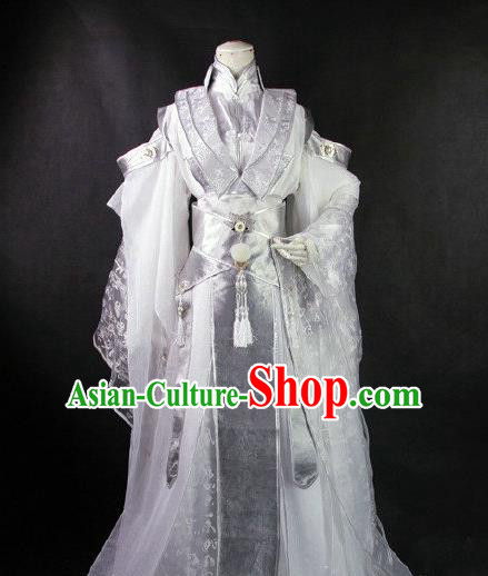 Traditional Ancient Chinese Imperial Emperor White Costume, Ancient Swordsman Elegant Hanfu Clothing Chinese Tang Dynasty Imperial King Cosplay Tailing Embroidered Dress for Men