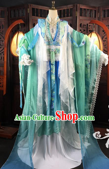 Traditional Ancient Chinese Imperial Consort Costume, Elegant Hanfu Clothing Chinese Tang Dynasty Imperial Empress Cosplay Fairy Tailing Embroidered Gradient Green Dress for Women