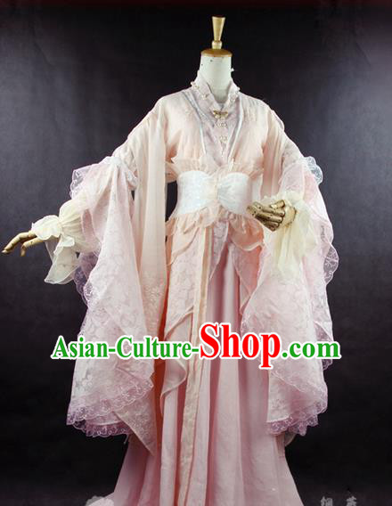 Traditional Ancient Chinese Imperial Consort Costume, Elegant Hanfu Clothing Chinese Tang Dynasty Imperial Empress Cosplay Fairy Tailing Embroidered Pink Dress for Women
