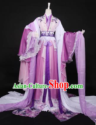 Traditional Ancient Chinese Imperial Consort Costume, Elegant Hanfu Clothing Chinese Tang Dynasty Imperial Empress Cosplay Fairy Tailing Embroidered Lilac Dress for Women