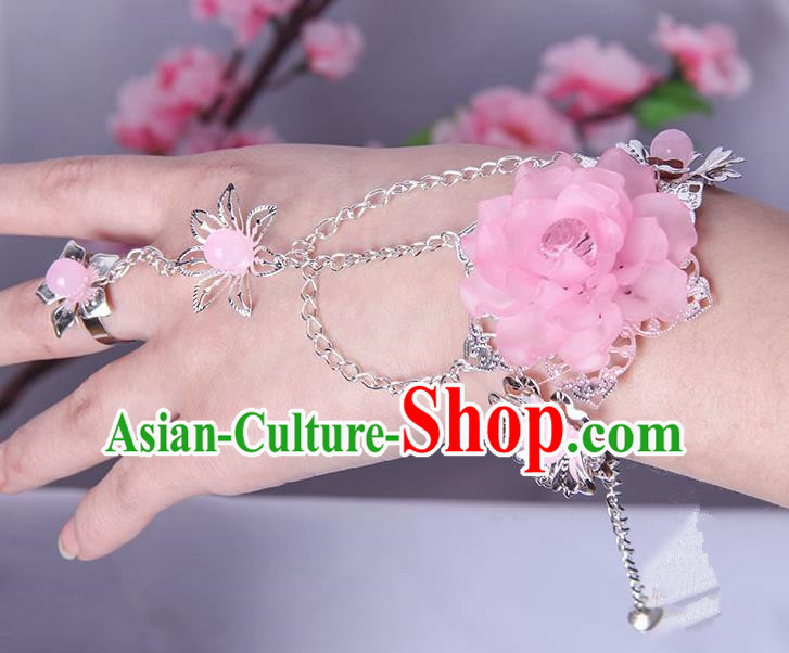 Traditional Handmade Chinese Ancient Princess Classical Accessories Jewellery Pink Flowers Bracelets Chain Bracelet with Ring for Women