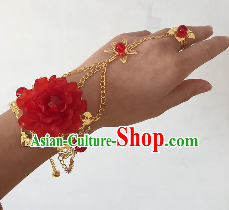 Traditional Handmade Chinese Ancient Princess Classical Accessories Jewellery Red Flowers Bracelets Chain Bracelet with Ring for Women