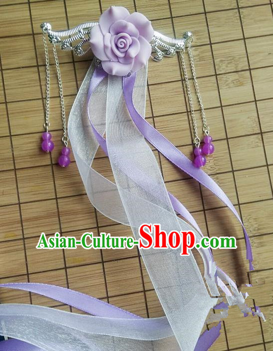 Traditional Handmade Chinese Ancient Princess Classical Accessories Jewellery Hanfu Hair Sticks Long Ribbon Lilac Hair Claws, Hair Fascinators Hairpins for Women