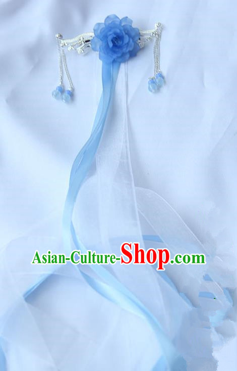 Traditional Handmade Chinese Ancient Princess Classical Accessories Jewellery Hanfu Hair Sticks Long Ribbon Blue Hair Claws, Hair Fascinators Hairpins for Women
