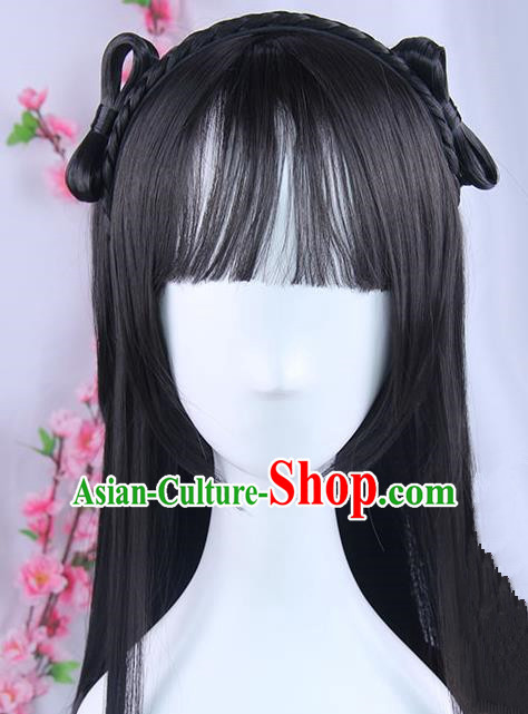 Traditional Handmade Ancient Chinese Tang Dynasty Princess Wig, Ancient Chinese Palace Young Lady Long Wig for Women