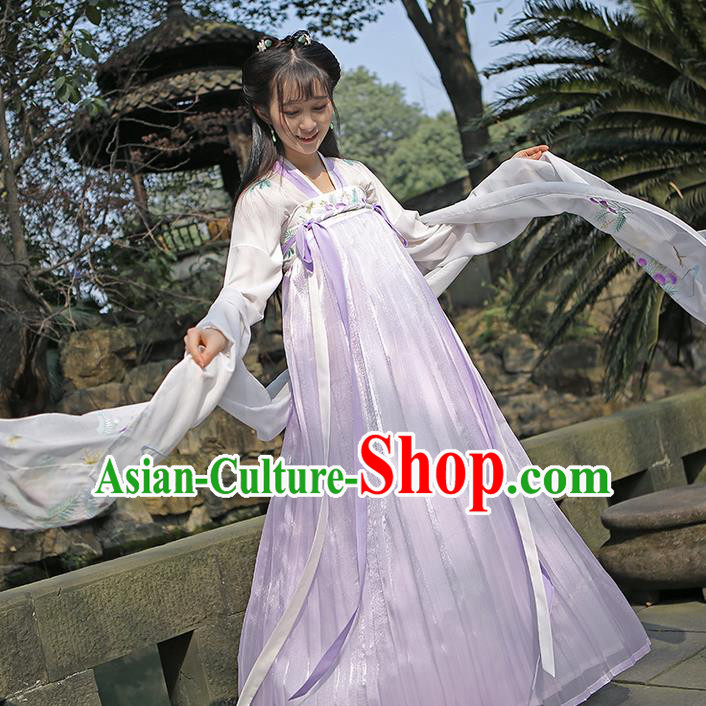 Traditional Ancient Chinese Female Costume Embroidered Albizia Flowers Dress, Elegant Hanfu Clothing Chinese Tang Dynasty Embroidered Palace Princess Dress for Women