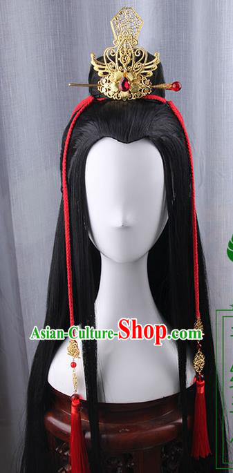 Traditional Handmade Ancient Chinese Tang Dynasty Imperial Prince Wedding Hair Decoration and Wig Complete Set, Ancient Chinese Swordsman Headwear and Wig for Men
