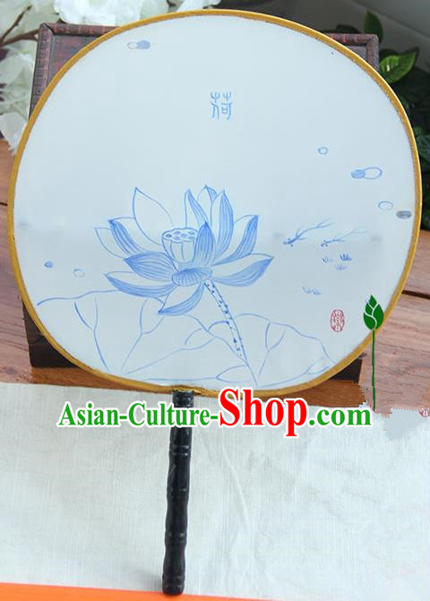 Traditional Handmade Ancient Chinese Tang Dynasty Imperial Princess Painting Lotus Palace Lady Round Hanfu Silk Fan for Women