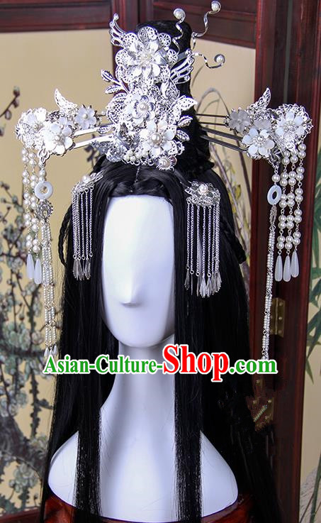 Traditional Handmade Ancient Chinese Tang Dynasty Imperial Princess Hair Decoration and Hair Wig Complete Set, Ancient Cosplay Fairy Chinese Young Lady Headwear and Wig for Women
