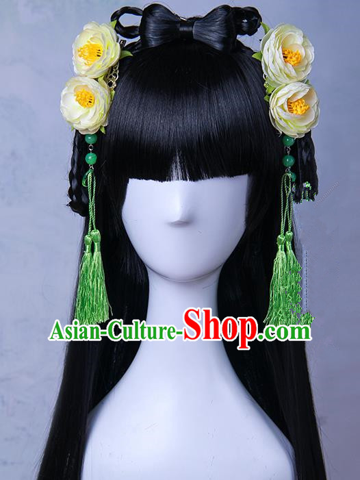 Traditional Handmade Ancient Chinese Han Dynasty Imperial Princess Tassels Hair Decoration and Wig Complete Set, Ancient Chinese Hanfu Cosplay Fairy Young Lady Headwear and Wig for Women