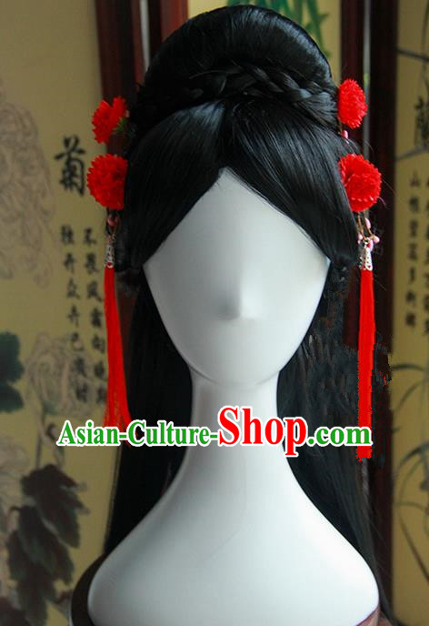 Traditional Handmade Ancient Chinese Han Dynasty Imperial Princess Red Tassels Hair Decoration and Wig Complete Set, Ancient Chinese Hanfu Cosplay Fairy Young Lady Headwear and Wig for Women