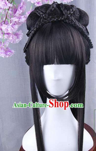 Traditional Handmade Ancient Chinese Han Dynasty Imperial Princess Wig, Ancient Chinese Hanfu Cosplay Fairy Palace Lady Queen Neat Bang Wig for Women