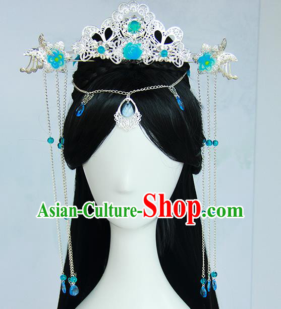 Traditional Handmade Ancient Chinese Han Dynasty Imperial Princess Blue Hair Decoration and Wig Complete Set, Ancient Chinese Hanfu Cosplay Fairy Young Lady Headwear and Wig for Women