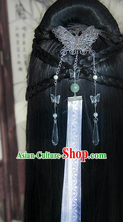 Traditional Handmade Chinese Ancient Princess Classical Hanfu Accessories Jewellery Long White Ribbons Hair Sticks Butterfly Hair Claws, Tassel Hair Fascinators Hairpins for Women