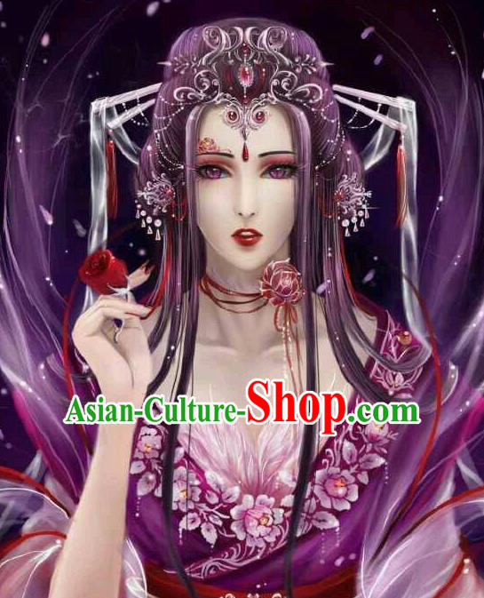 Traditional Handmade Ancient Chinese Han Dynasty Imperial Princess Hair Decoration Ox Hair Clasp and Wig Complete Set, Ancient Chinese Hanfu Cosplay Fairy Young Lady Headwear and Wig for Women
