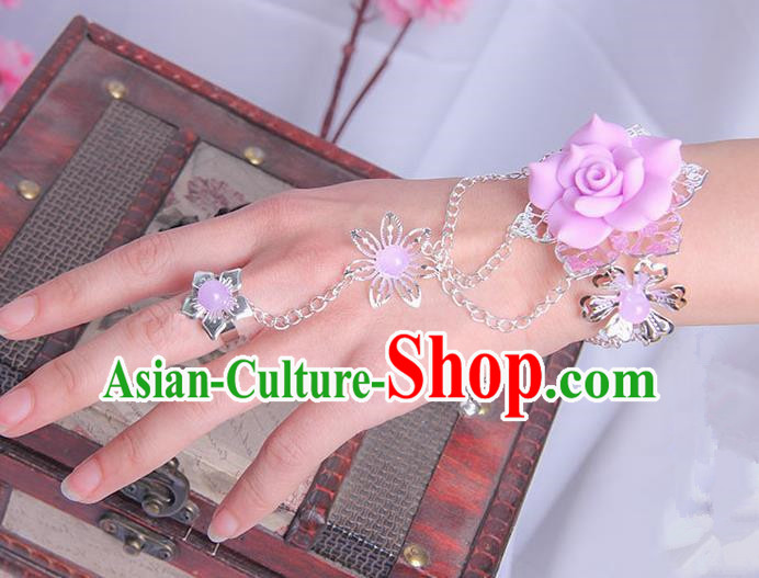 Traditional Handmade Chinese Ancient Princess Classical Hanfu Accessories Jewellery Pink Flower Bracelet and Ring Chain for Women
