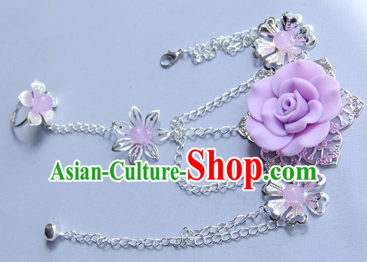 Traditional Handmade Chinese Ancient Princess Classical Hanfu Accessories Jewellery Lavender Flower Bracelet and Ring Chain for Women