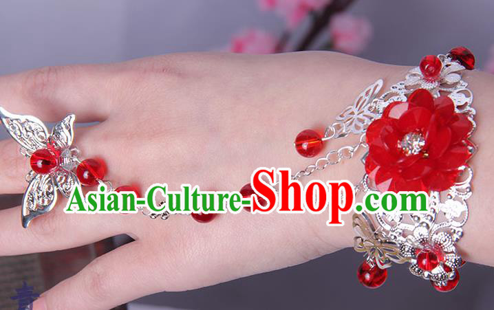 Traditional Handmade Chinese Ancient Princess Classical Hanfu Accessories Jewellery Red Flower Butterfly Bracelet and Ring Chain for Women