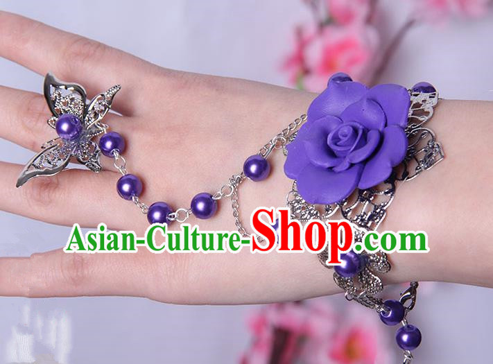 Traditional Handmade Chinese Ancient Princess Classical Hanfu Accessories Jewellery Purple Flower Butterfly Bracelet and Ring Chain for Women