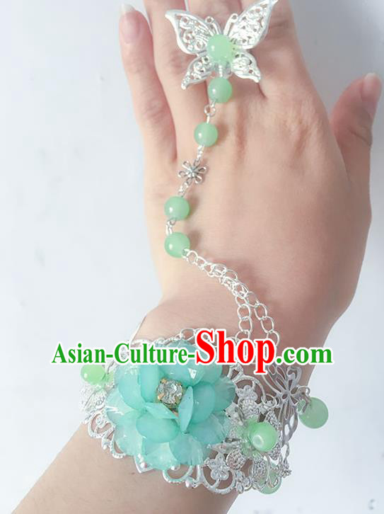 Traditional Handmade Chinese Ancient Princess Classical Hanfu Accessories Jewellery Blue Flower Butterfly Bracelet and Ring Chain for Women
