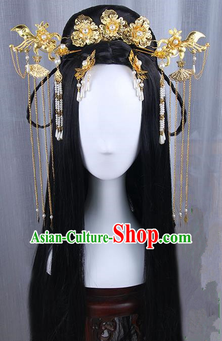 Traditional Handmade Ancient Chinese Han Dynasty Imperial Princess Peony Tassels Hair Decoration Hairpin and Wig Complete Set, Ancient Chinese Hanfu Cosplay Fairy Queen Young Lady Headwear and Wig for Women