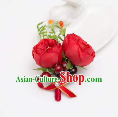 Top Grade Classical Wedding Silk Flowers,Groom Emulational Corsage Groomsman Red Brooch Flowers for Men