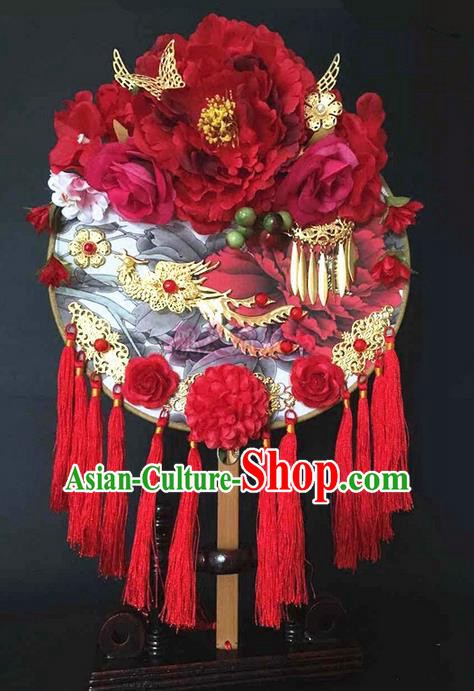 Traditional Handmade Chinese Ancient Classical Wedding Accessories Decoration, Bride Wedding Flowers Round Fan, Hanfu Xiuhe Suit Palace Red Dragon Phoenix Fan for Women