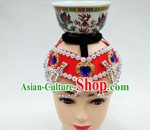 Traditional Chinese Mongol Nationality Dancing Accessories Headdress, Mongolian Folk Dance Ethnic Headwear Top Bowl Dance Red Hat for Women
