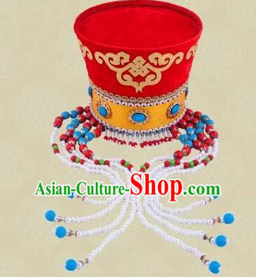 Traditional Chinese Mongol Nationality Dancing Accessories Headdress, Mongolian Folk Dance Ethnic Headwear China Minority Palace Princess Dance Bead Red Hat for Women