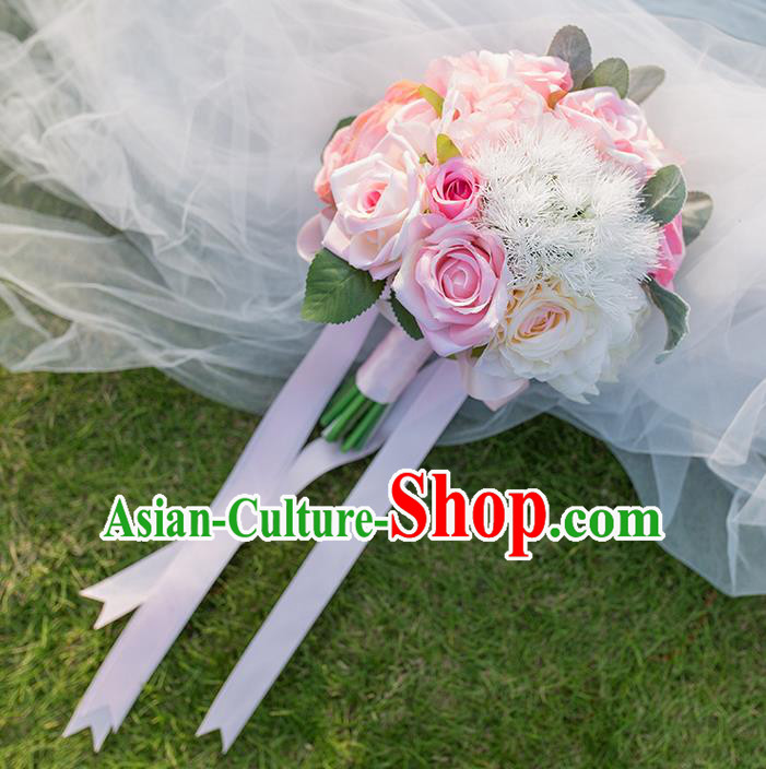 Top Grade Classical Wedding Silk Flowers, Bride Holding Emulational Flowers, Hand Tied Bouquet Pink Flowers for Women