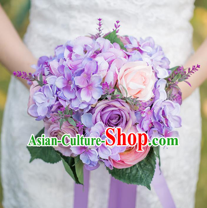 Top Grade Classical Wedding Silk Flowers Ball, Bride Holding Emulational Flowers, Hand Tied Bouquet Lavender Flowers for Women