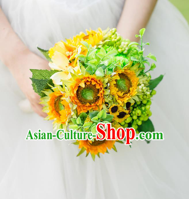Top Grade Classical Wedding Silk Flowers Sunflower Ball, Bride Holding Emulational Flowers, Hand Tied Bouquet Flowers for Women