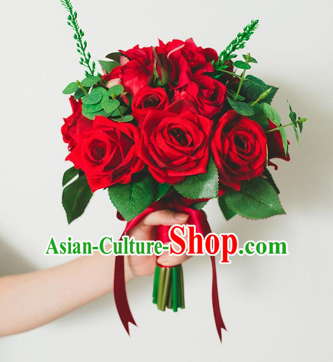 Top Grade Classical Wedding Silk Flowers Red Rose Flowers Ball, Bride Holding Emulational Flowers, Hand Tied Bouquet Flowers for Women