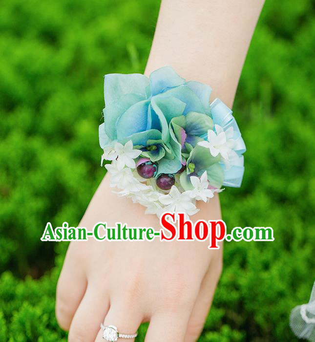 Top Grade Classical Wedding Silk Flowers, Bride Emulational Wrist Flowers Bridesmaid Bracelet Blue Flowers for Women