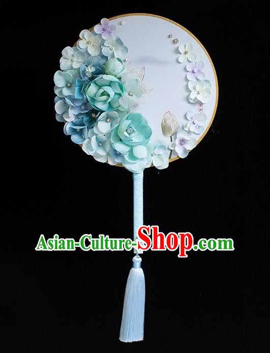 Traditional Handmade Chinese Ancient Classical Wedding Accessories Decoration, Bride Wedding Flowers Round Fan, Hanfu Xiuhe Suit Palace Blue Flowers Fan for Women