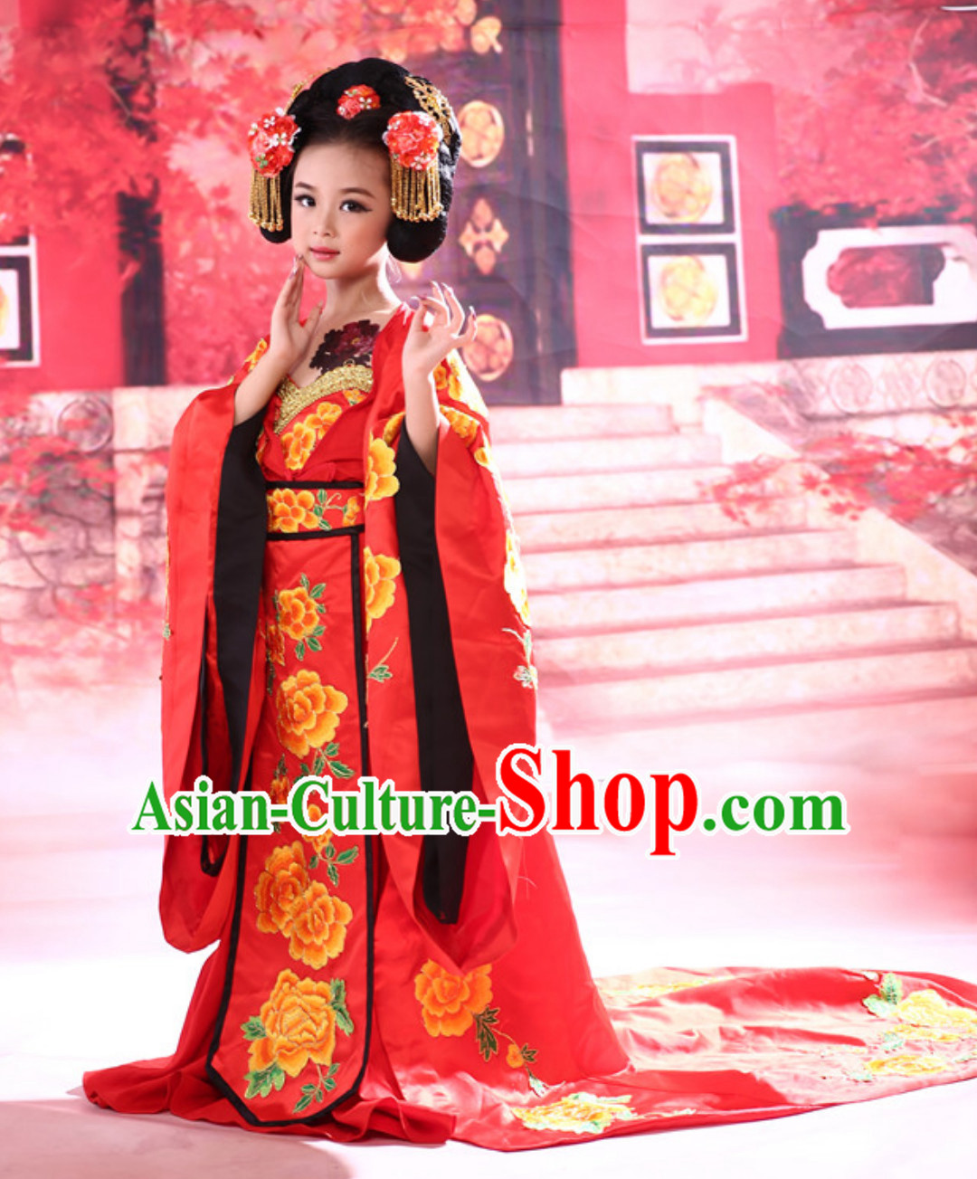 Chinese Ancient Princess Costumes and Hair Decorations Complete Set for Kids Girls Youth