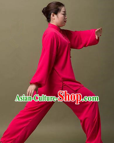 Traditional Chinese Top Silk Cotton Kung Fu Costume Martial Arts Kung Fu Training Colorful Plated Buttons Rose Red Uniform, Tang Suit Gongfu Shaolin Wushu Clothing, Tai Chi Taiji Teacher Suits Uniforms for Women