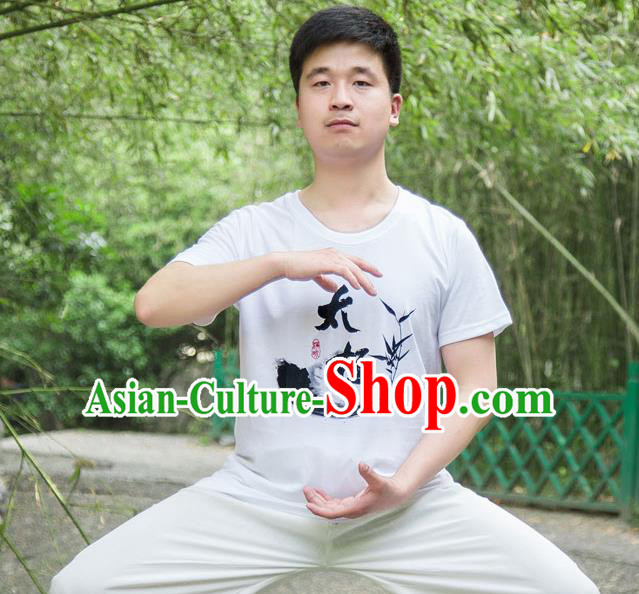Traditional Chinese Top Silk Cotton Kung Fu Costume Martial Arts Kung Fu Training T-Shirt, Tang Suit Gongfu Shaolin Wushu Clothing, Tai Chi Taiji Teacher T-shirts for Men