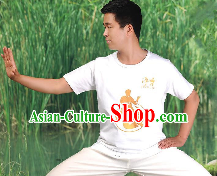 Traditional Chinese Top Cotton Kung Fu Costume Martial Arts Kung Fu Training Short Sleeve  Gilding T-Shirt, Tang Suit Gongfu Shaolin Wushu Clothing, Tai Chi Taiji Teacher T-shirts for Men