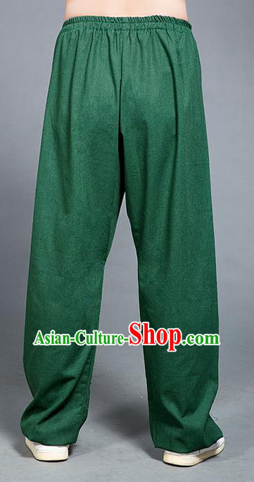 Traditional Chinese Top Linen Kung Fu Costume Martial Arts Kung Fu Training Green Pants, Tang Suit Gongfu Shaolin Wushu Plus Fours, Tai Chi Taiji Teacher Trousers for Women for Men