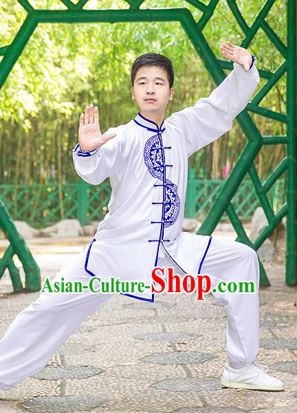 Traditional Chinese Top Silk Cotton Kung Fu Costume Martial Arts Kung Fu Training Plated Buttons Blue and White Uniform, Tang Suit Gongfu Shaolin Wushu Clothing, Tai Chi Taiji Teacher Suits Uniforms for Men