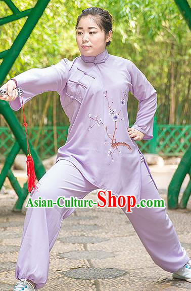 Traditional Chinese Top Gastrodia Kung Fu Costume Martial Arts Kung Fu Training Plated Buttons Hand Painted Plum Blossom Purple Uniform, Tang Suit Gongfu Shaolin Wushu Clothing, Tai Chi Taiji Teacher Suits Uniforms for Women