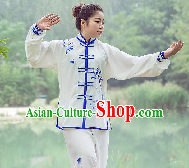 Traditional Chinese Top Gastrodia Kung Fu Costume Martial Arts Kung Fu Training Plated Buttons Blue and White Lotus Uniform, Tang Suit Gongfu Shaolin Wushu Clothing, Tai Chi Taiji Teacher Suits Uniforms for Women