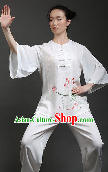 Traditional Chinese Top Gastrodia Kung Fu Costume Martial Arts Kung Fu Training Lotus Leaf Sleeves Plated Buttons Hand Painted Lotus Uniform, Tang Suit Gongfu Shaolin Wushu Clothing, Tai Chi Taiji Teacher Suits Uniforms for Women