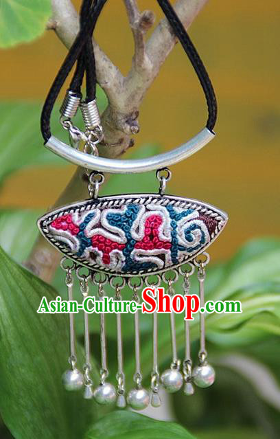 Traditional Chinese Miao Nationality Crafts, Hmong Handmade Silver Embroidery Pendant, Black Rope Necklace Bells Pendant for Women