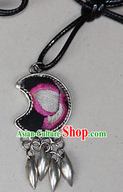 Traditional Chinese Miao Nationality Crafts Hmong Handmade Silver Embroidery Moon Pendant, Ethnic Minority Miao Necklace Accessories Bells Pendant for Women