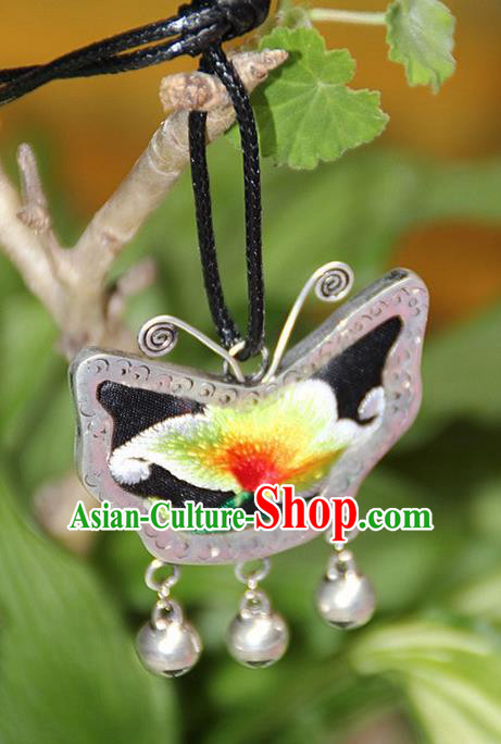 Traditional Chinese Miao Nationality Crafts, Hmong Handmade Miao Silver Embroidery Butterfly Pendant, Miao Ethnic Minority Necklace Accessories Bells Pendant for Women
