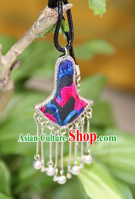 Traditional Chinese Miao Nationality Crafts, Hmong Handmade Miao Silver Embroidery Bells Tassel Pendant, Miao Ethnic Minority Black Rope Necklace Accessories Bells Pendant for Women