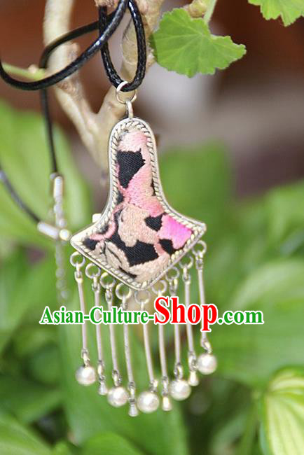 Traditional Chinese Miao Nationality Crafts, Hmong Handmade Miao Silver Embroidery Bells Tassel Pendant, Miao Ethnic Minority Black Rope Necklace Accessories Bells Pendant for Women